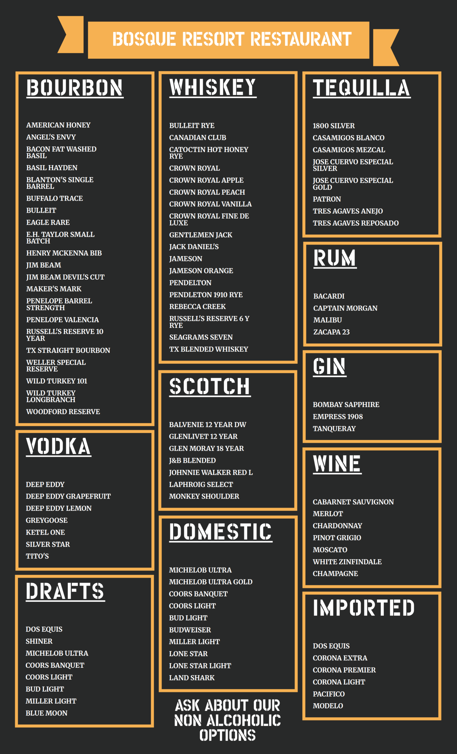 Bosque Beer & Liquor Menu